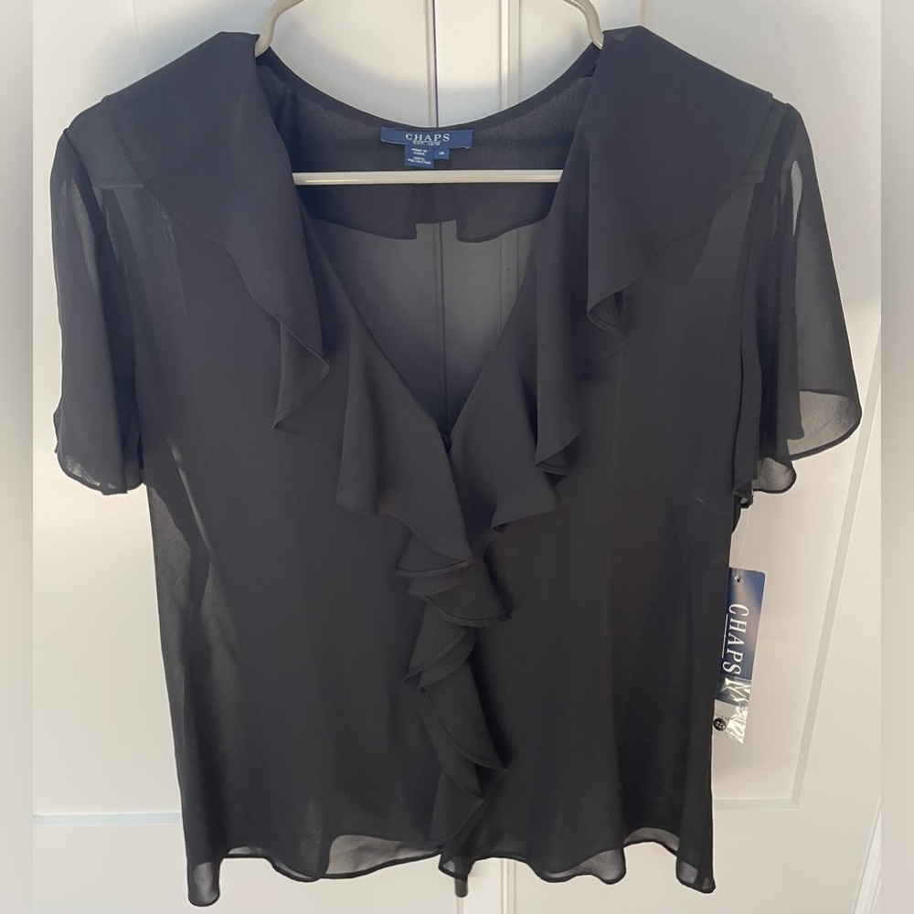 New NWT Chaps v-neck blouse black ruffle short sleeve size 14 sheer classic
